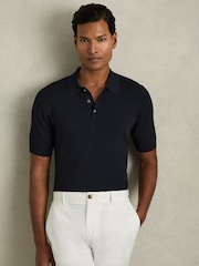 Reiss Navy Berch Fine-Rib Short-Sleeve Polo Shirt - Image 3 of 6