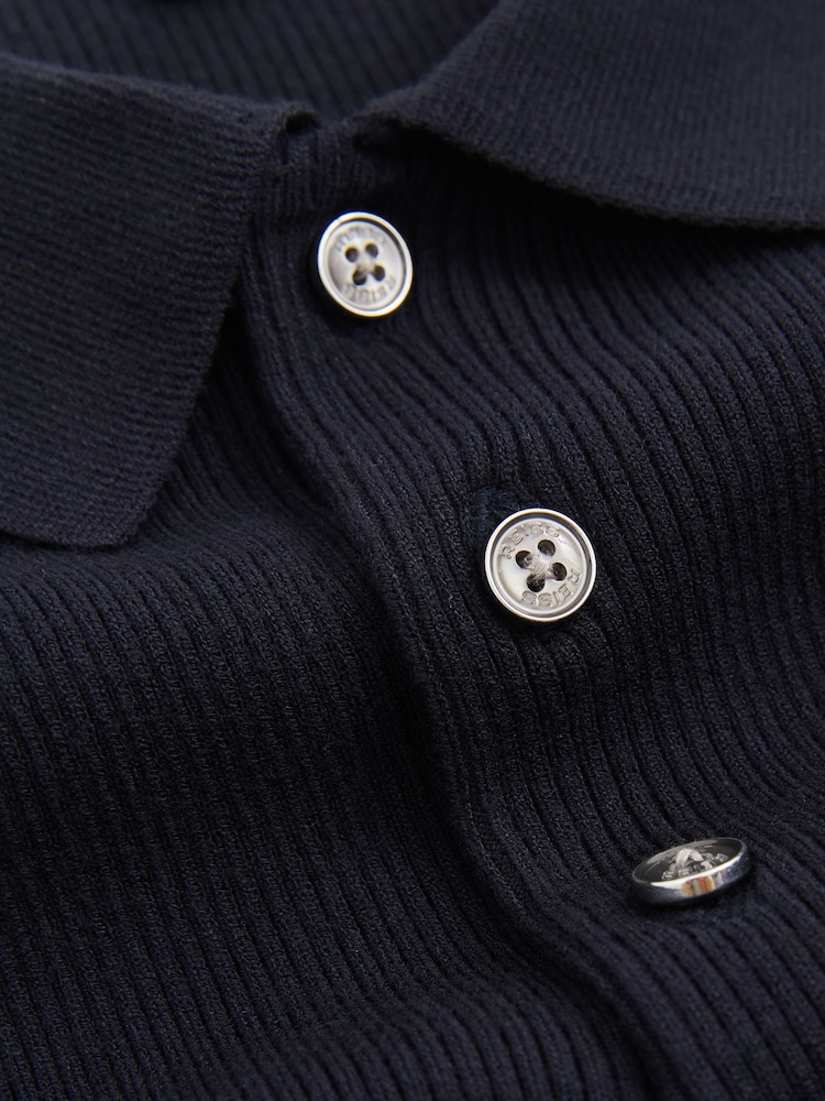 Reiss Navy Berch Fine-Rib Short-Sleeve Polo Shirt - Image 6 of 6