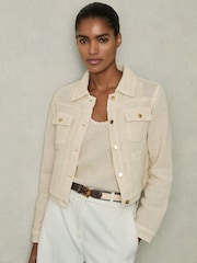 Reiss Neutral Renzo Cotton-Blend Textured Trucker Jacket - Image 1 of 7