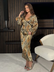 Girl In Mind Metallic Green London V-Neck Long Sleeve Maxi Dress - Image 3 of 7