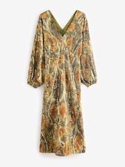 Girl In Mind Metallic Green London V-Neck Long Sleeve Maxi Dress - Image 7 of 7