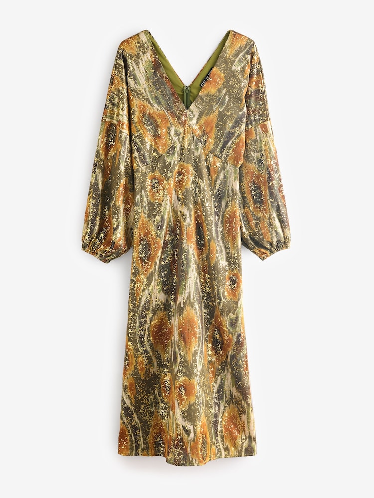 Girl In Mind Metallic Green London V-Neck Long Sleeve Maxi Dress - Image 7 of 7