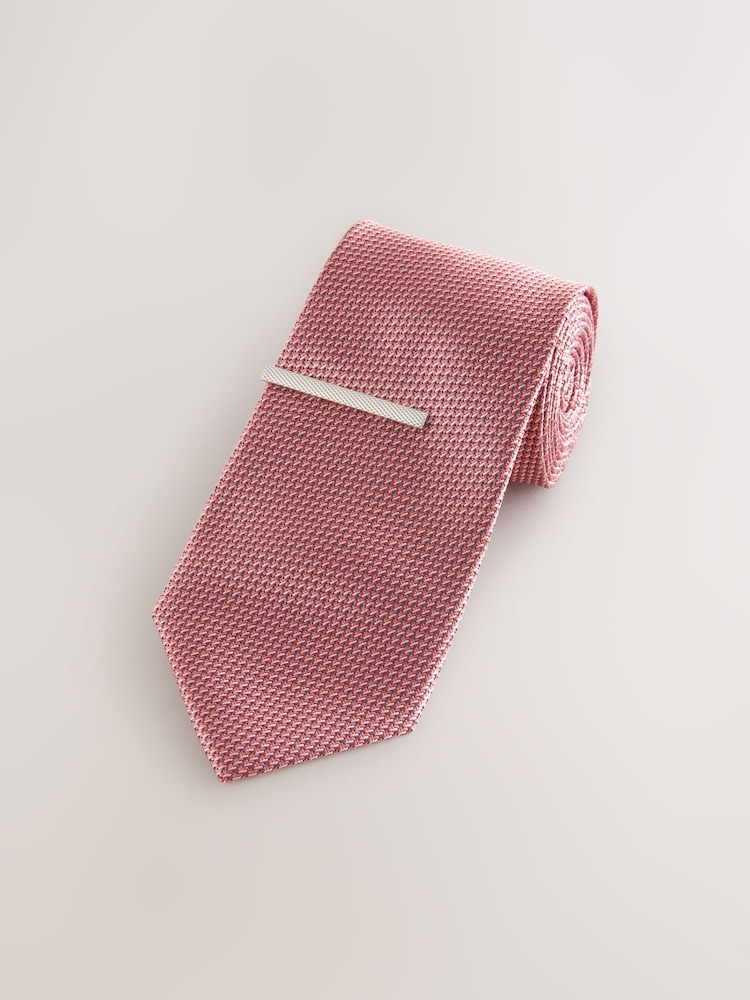 Coral Pink Textured Tie with Tie Clip - Image 5 of 7