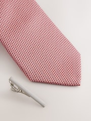 Coral Pink Textured Tie with Tie Clip - Image 7 of 7