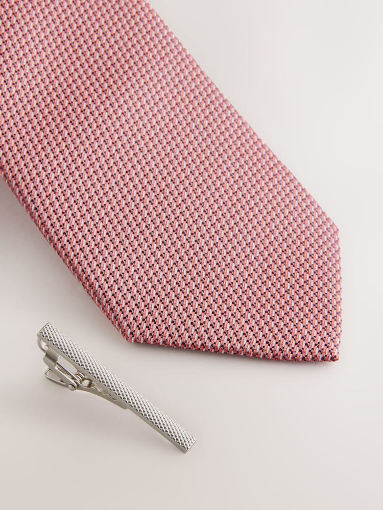Coral Pink Textured Tie with Tie Clip - Image 7 of 7
