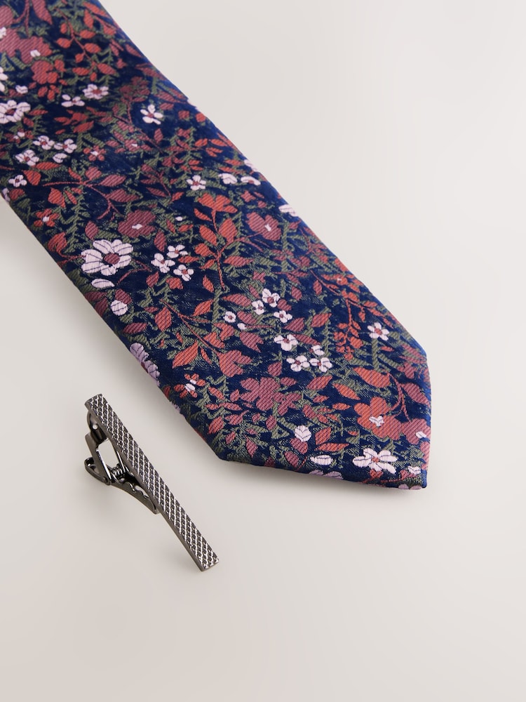 Rust Floral Print Tie - Image 2 of 3