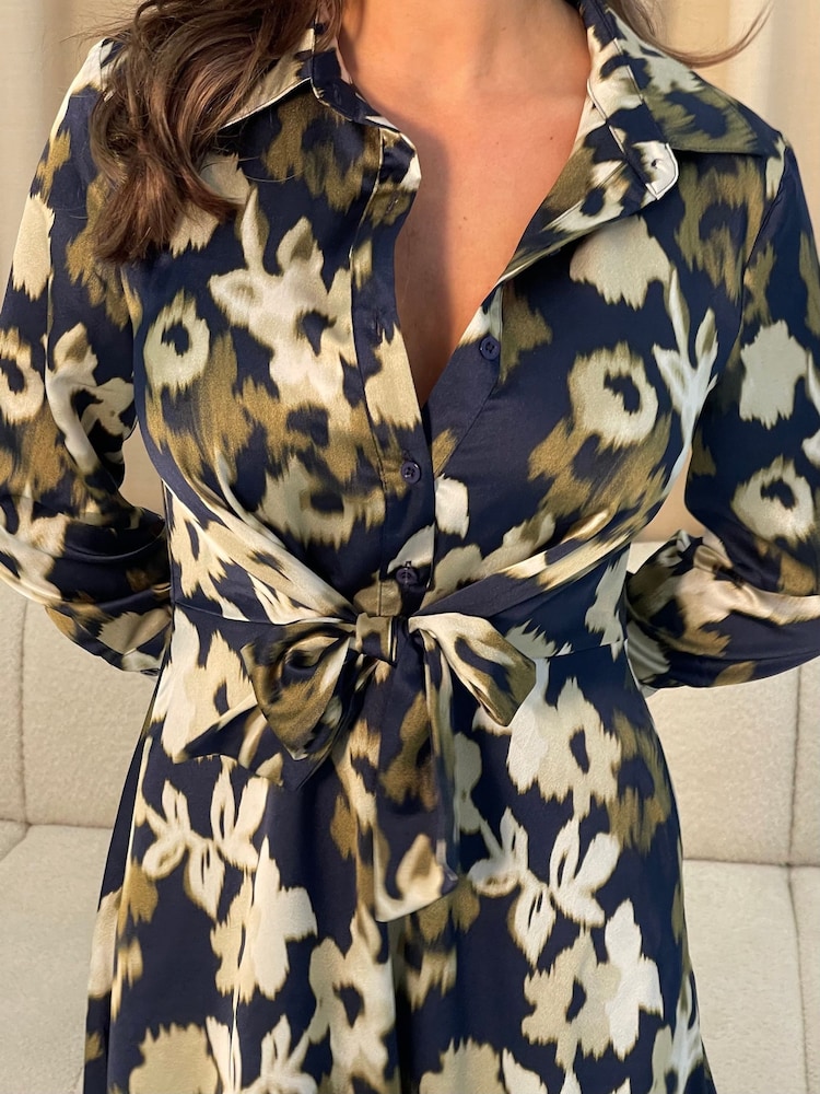 Girl In Mind Black & Green Floral Isabella Tie Front Shirt Dress - Image 5 of 6