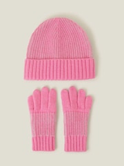 Angels By Accessorize Pink Girls Chunky Knit Winter Beanie Hat and Gloves Set - Image 2 of 3