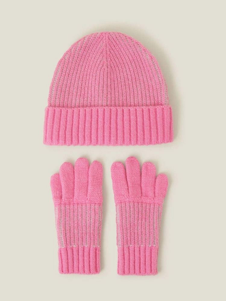 Angels By Accessorize Pink Girls Chunky Knit Winter Beanie Hat and Gloves Set - Image 2 of 3