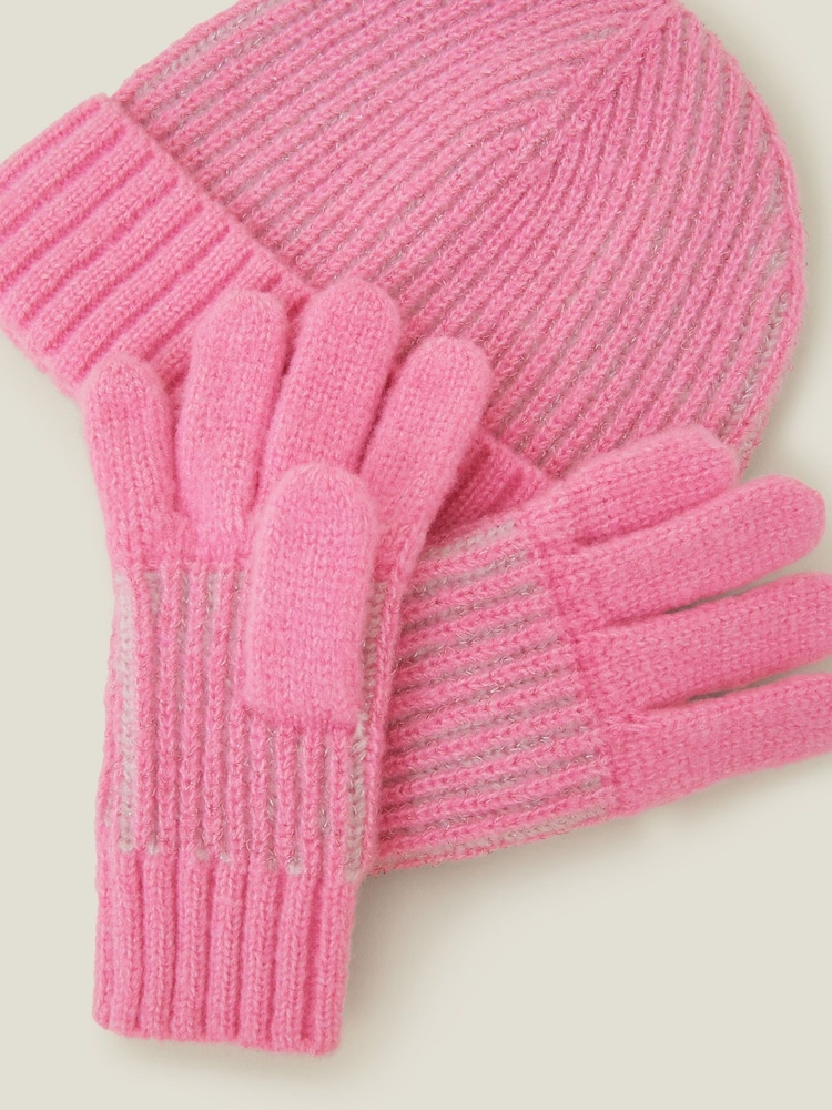 Angels By Accessorize Pink Girls Chunky Knit Winter Beanie Hat and Gloves Set - Image 3 of 3