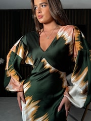 Зеленый с абстрактным принтом  - Girl In Mind London V-Neck Long Sleeve Maxi Dress - Image 3 of 4