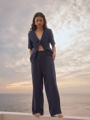 Azul marino - Elastic Back Wide Leg Trousers with Linen - Imagen 1 de 7