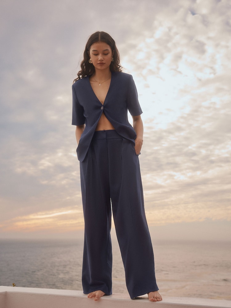 Azul marino - Elastic Back Wide Leg Trousers with Linen - Imagen 1 de 7