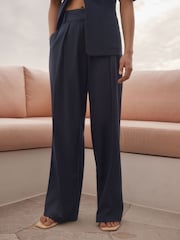 Azul marino - Elastic Back Wide Leg Trousers with Linen - Imagen 2 de 7