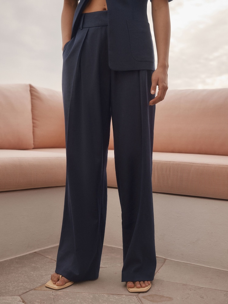 Azul marino - Elastic Back Wide Leg Trousers with Linen - Imagen 2 de 7
