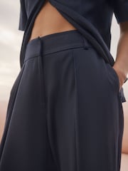 Azul marino - Elastic Back Wide Leg Trousers with Linen - Imagen 4 de 7