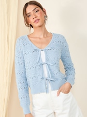 Friends Like These Blue Tie Front Pointelle 100% Cotton Cardigan - Image 1 of 4