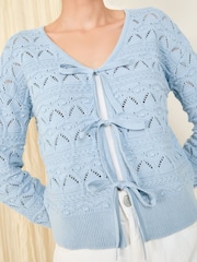 Friends Like These Blue Tie Front Pointelle 100% Cotton Cardigan - Image 2 of 4