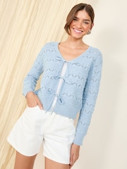Friends Like These Blue Tie Front Pointelle 100% Cotton Cardigan - Image 4 of 4