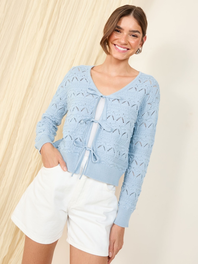 Friends Like These Blue Tie Front Pointelle 100% Cotton Cardigan - Image 4 of 4