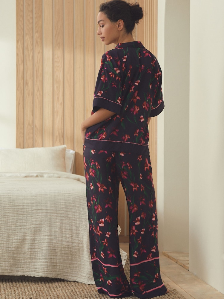 B by Ted Baker Navy Floral Print Wide Leg Button Through Pyjamas Set - Image 3 of 15