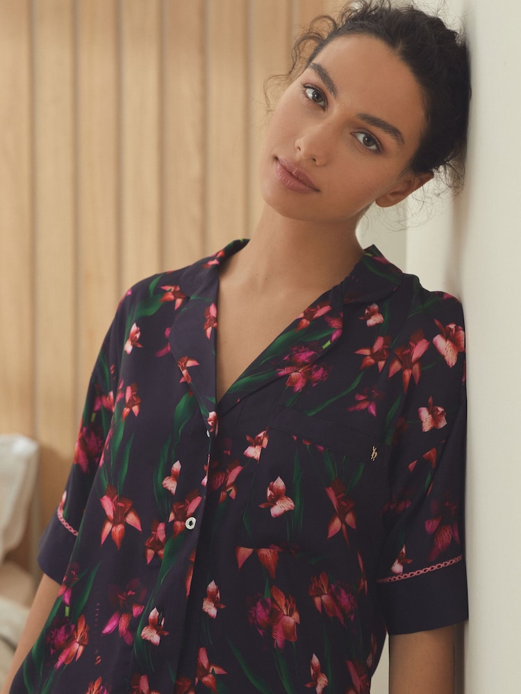 B by Ted Baker Navy Floral Print Wide Leg Button Through Pyjamas Set - Image 4 of 15