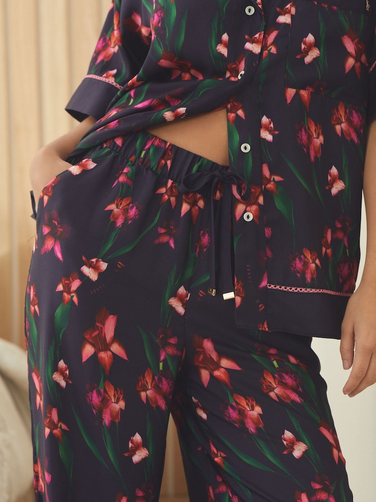 B by Ted Baker Navy Floral Print Wide Leg Button Through Pyjamas Set - Image 5 of 15