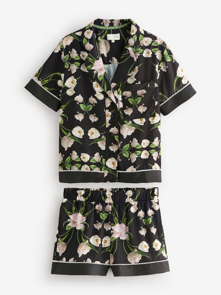 B by Ted Baker Satin Elderflower Button Through Black Short Pyjamas Set - Image 1 of 6