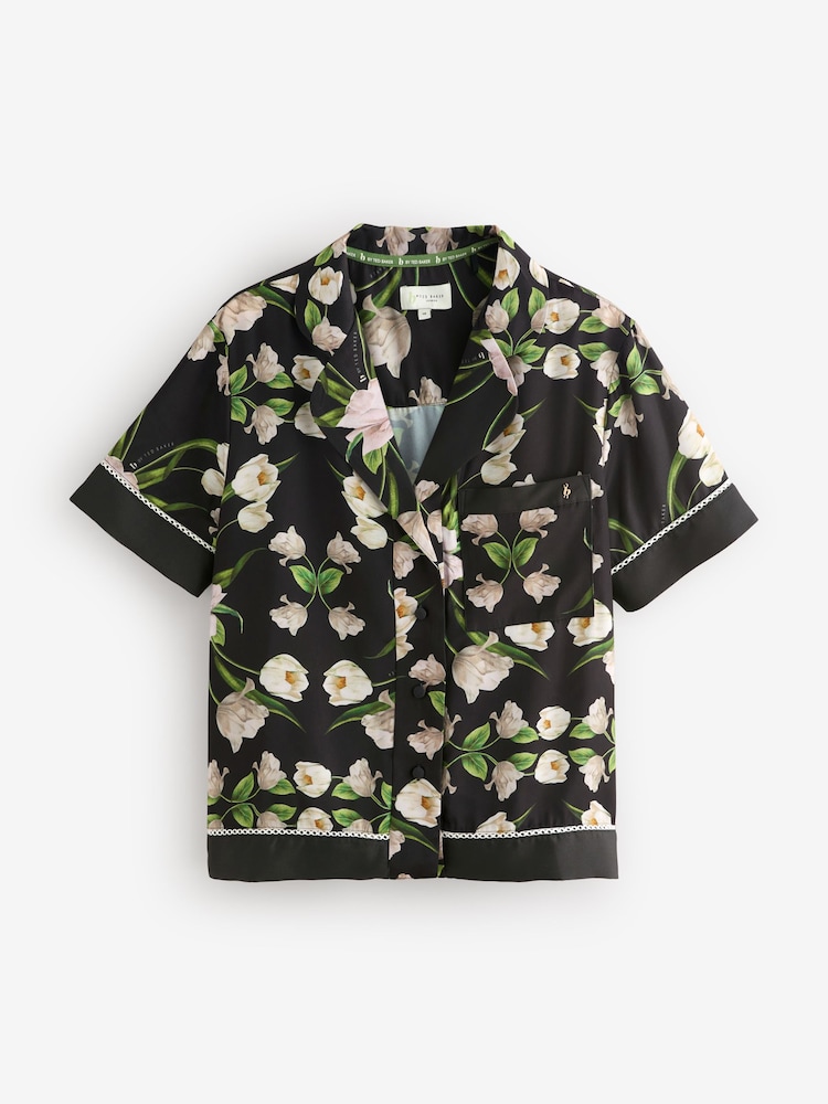 B by Ted Baker Satin Elderflower Button Through Black Short Pyjamas Set - Image 2 of 6