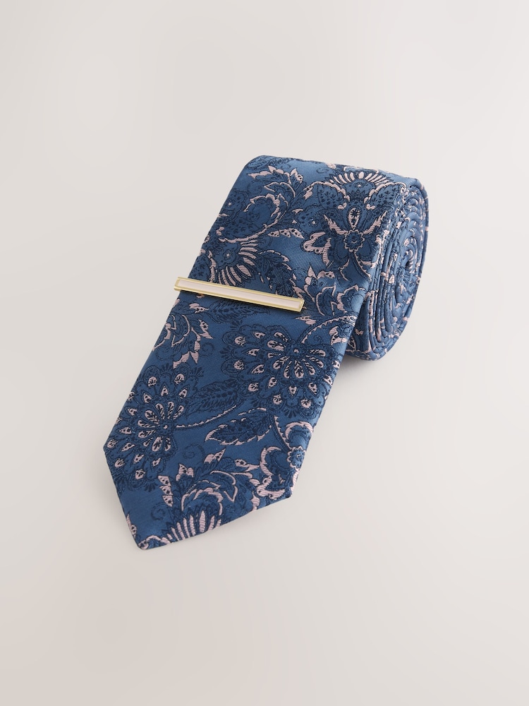 Navy Slim Design Tie And Clip - Image 1 of 3