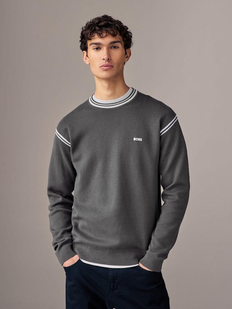BOSS Grey Tape Jacquard Knit Jumper - Image 1 of 4