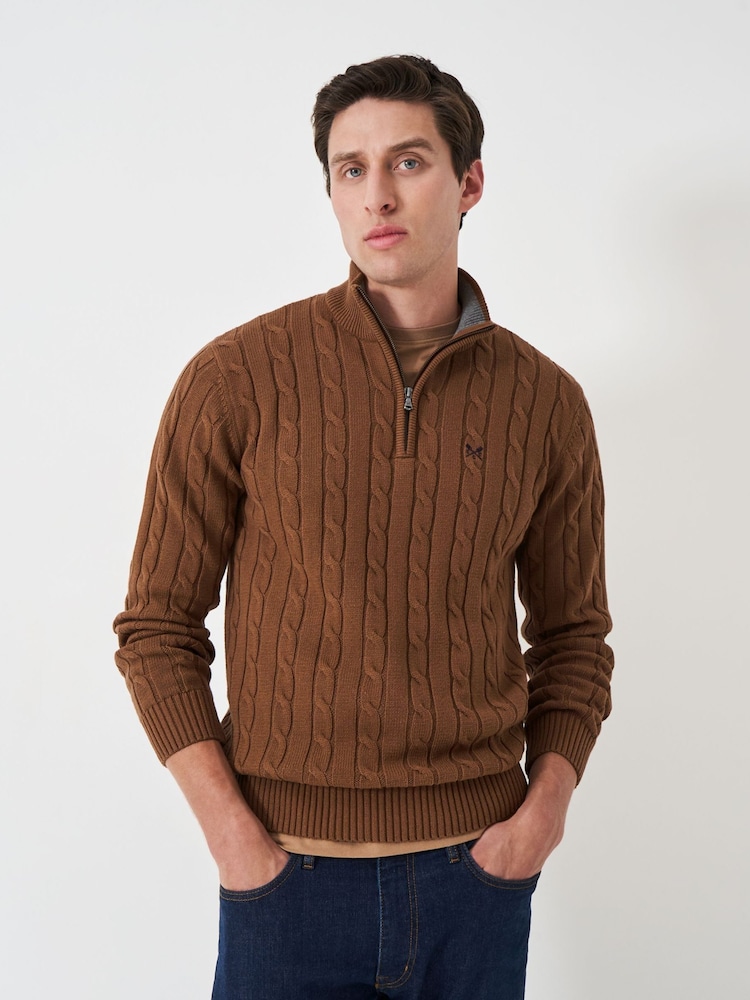 Crew Clothing Company Brown Oarsman Cable Quarter Zip 100% Cotton Jumper - Image 1 of 5