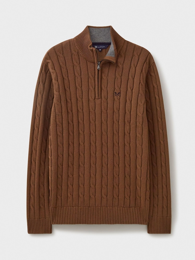 Crew Clothing Company Brown Oarsman Cable Quarter Zip 100% Cotton Jumper - Image 5 of 5