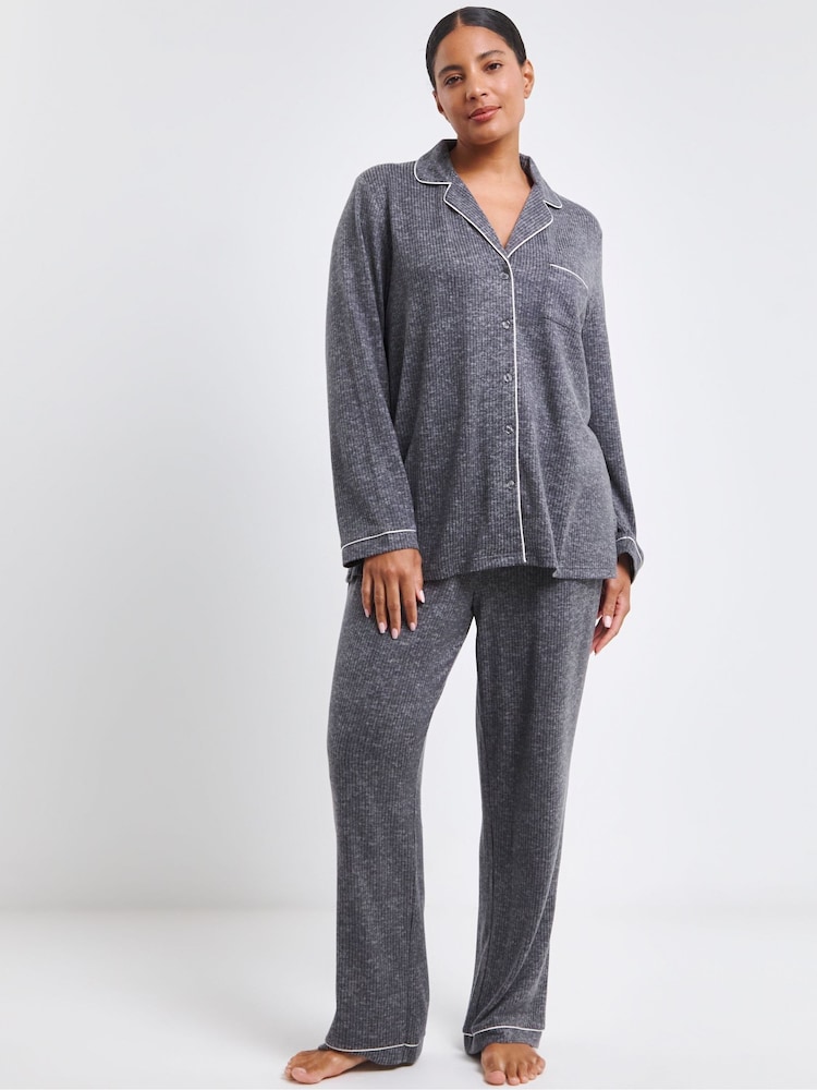 Simply Be Grey Pretty Secrets Brushed Ribbed Button Through Pyjama Set - Image 1 of 4
