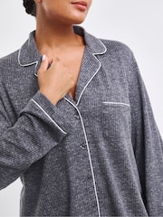 Simply Be Grey Pretty Secrets Brushed Ribbed Button Through Pyjama Set - Image 3 of 4