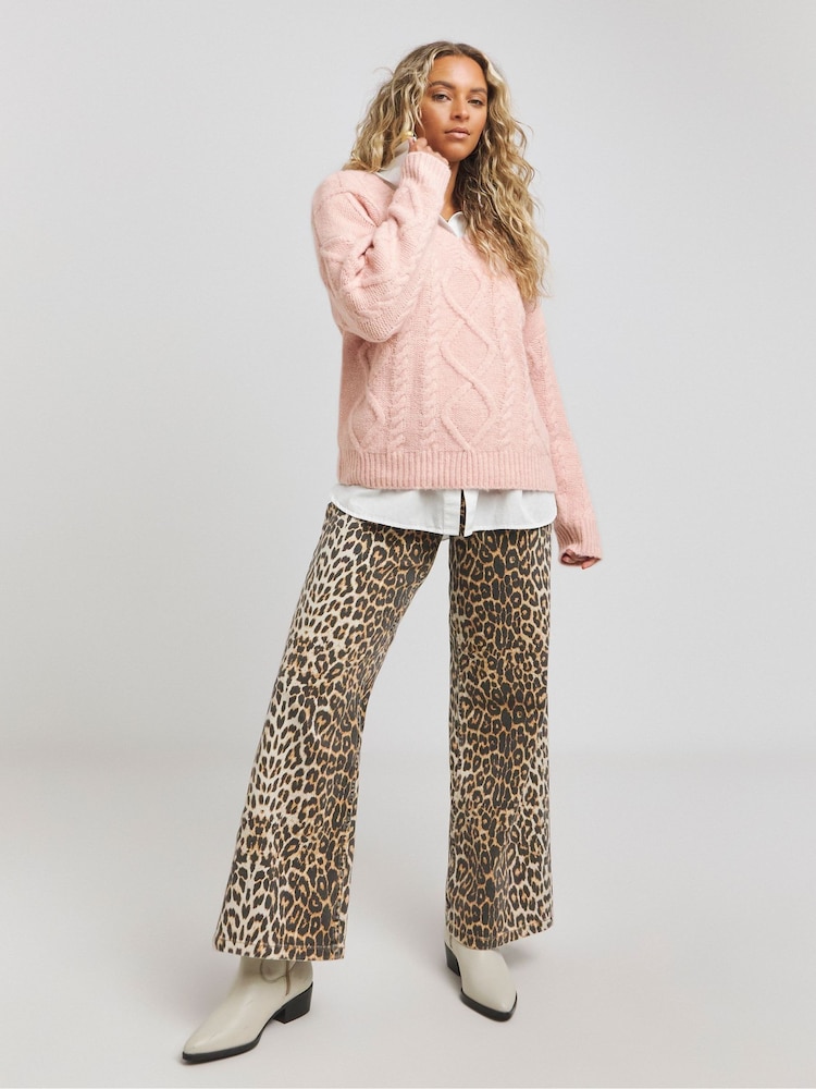 Simply Be Pink V-Neck Cable Jumper - Image 1 of 4