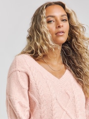 Simply Be Pink V-Neck Cable Jumper - Image 3 of 4