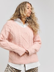Simply Be Pink V-Neck Cable Jumper - Image 4 of 4