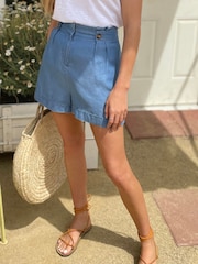 Love & Roses Blue Petite Elasticated Back Tab Detail Shorts - Image 1 of 4