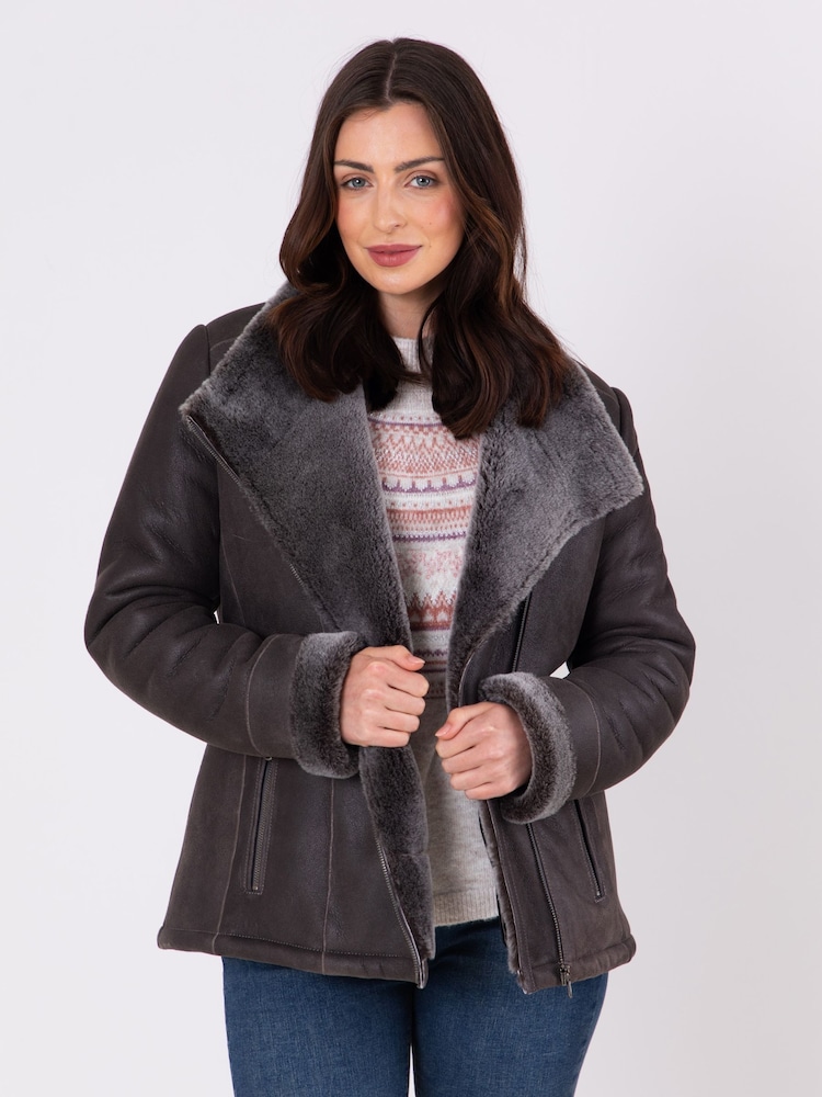 Lakeland Leather Grey Armboth Shearling Asymmetric Zip Aviator Jacket - Image 2 of 8