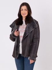 Lakeland Leather Grey Armboth Shearling Asymmetric Zip Aviator Jacket - Image 6 of 8