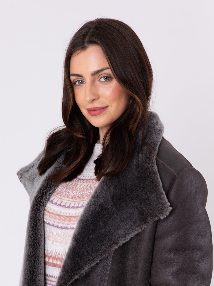 Lakeland Leather Grey Armboth Shearling Asymmetric Zip Aviator Jacket - Image 8 of 8