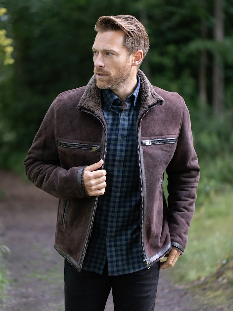Lakeland Leather Brown Buccaneer Suede Finish Sheepskin Racer Jacket - Image 1 of 8