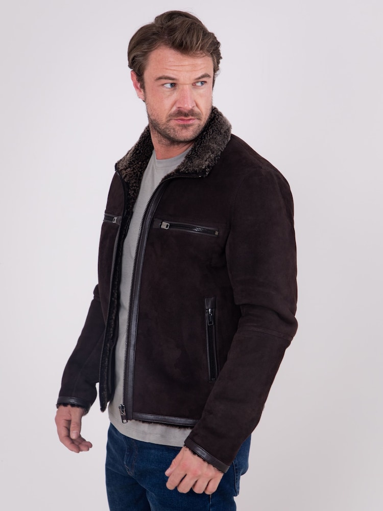 Lakeland Leather Brown Buccaneer Suede Finish Sheepskin Racer Jacket - Image 7 of 8