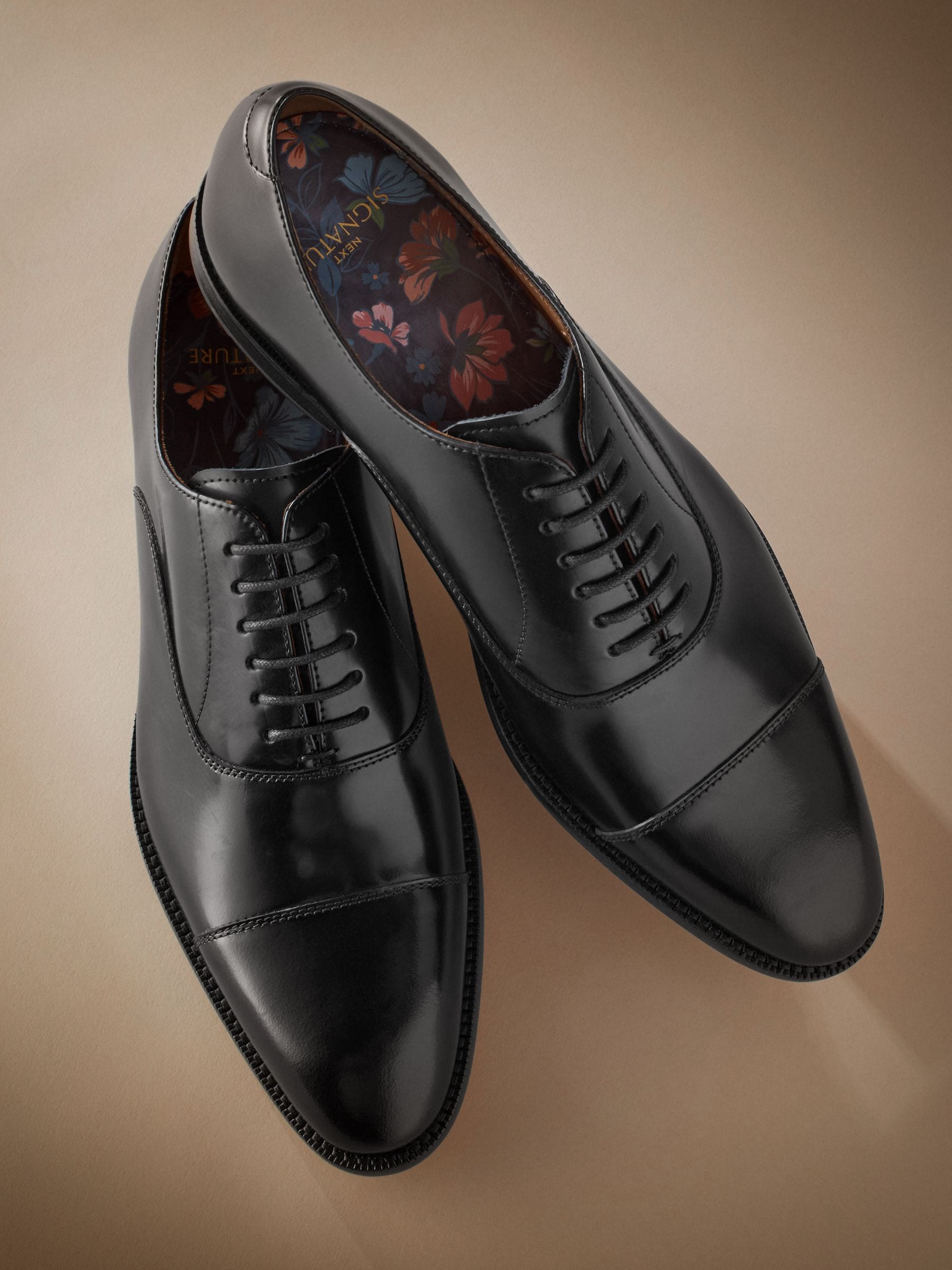 Buy Black Wide Fit Signature Leather Sole Oxford Toe Cap Shoes