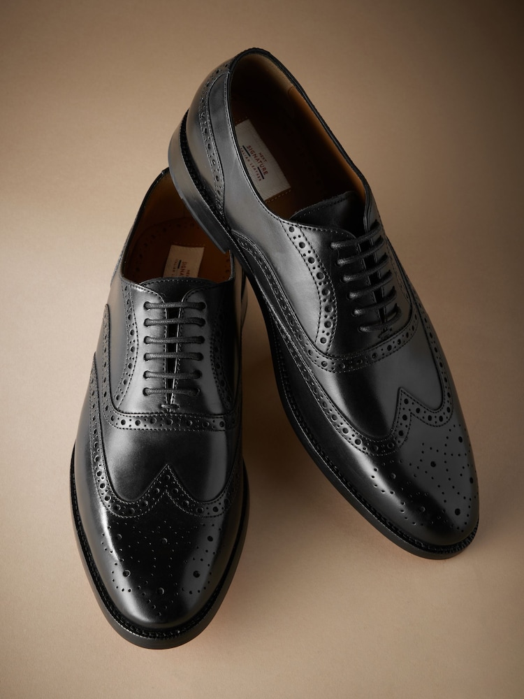 Black Wide Fit Signature Italian Leather Wingcap Brogue Shoes - Image 2 of 5