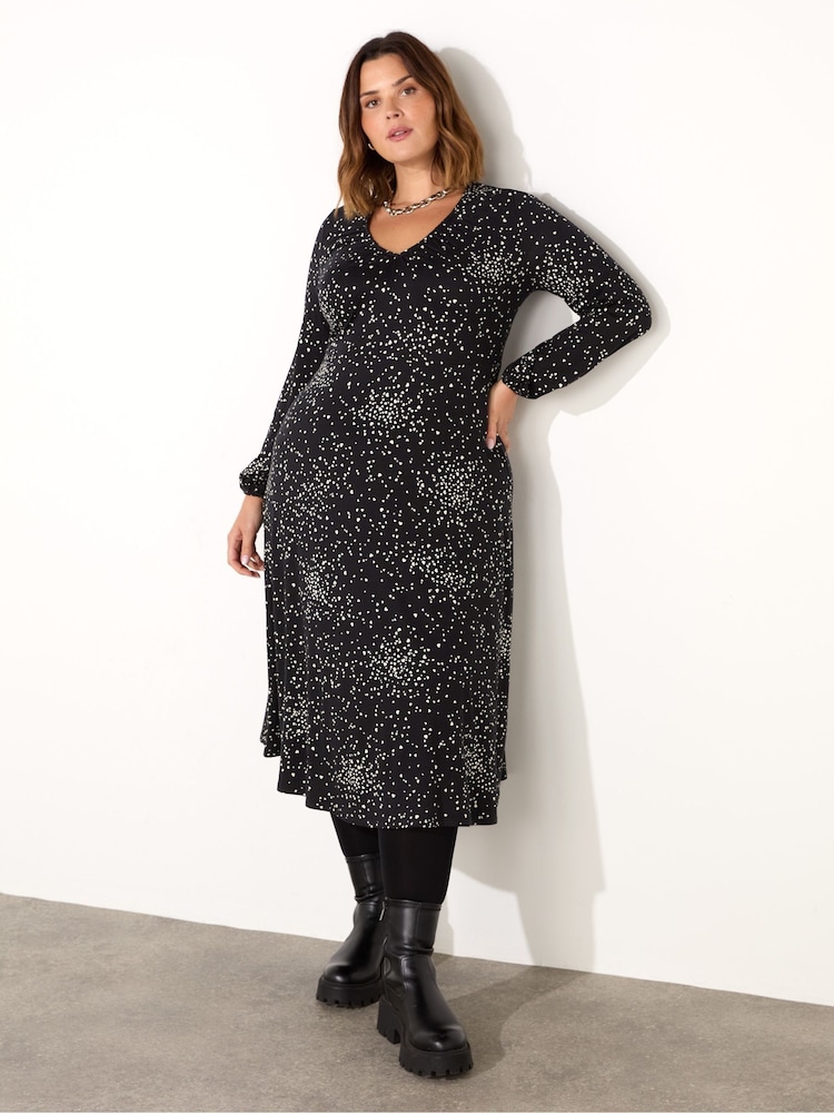 Live Unlimited Black Curve Heart Print Gathered V-Neck Jersey Dress - Image 1 of 4 Live Unlimited Black Curve Heart Print Gathered V-Neck Jersey Dress - Image 1 of 4