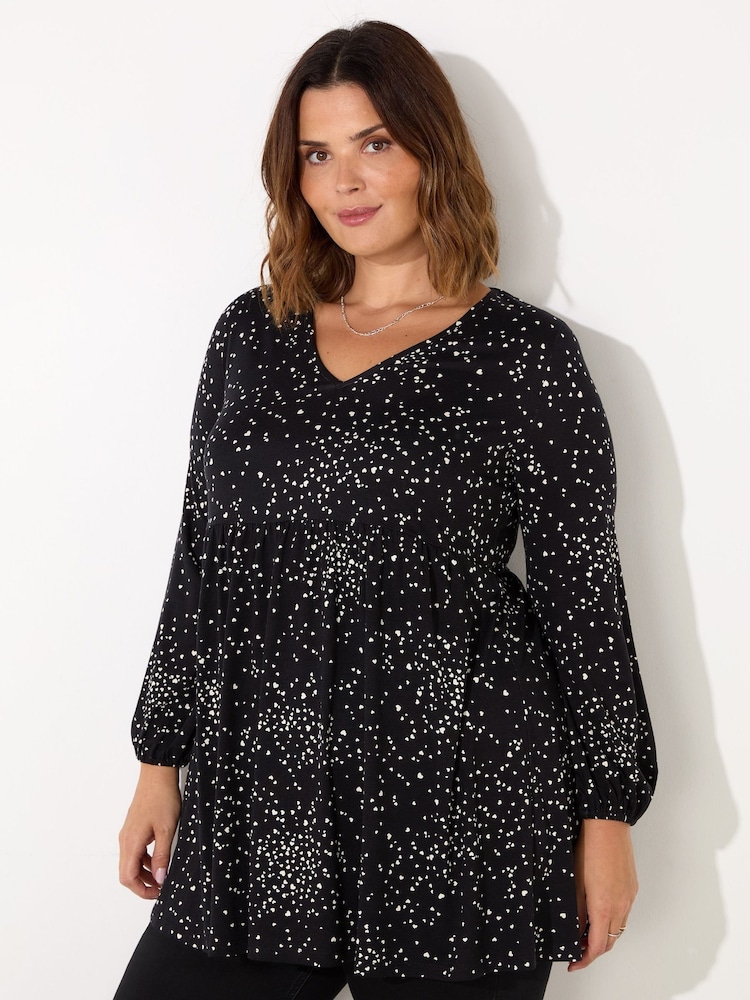 Live Unlimited Black Curve Heart Print Gathered V-Neck Tunic - Image 1 of 4