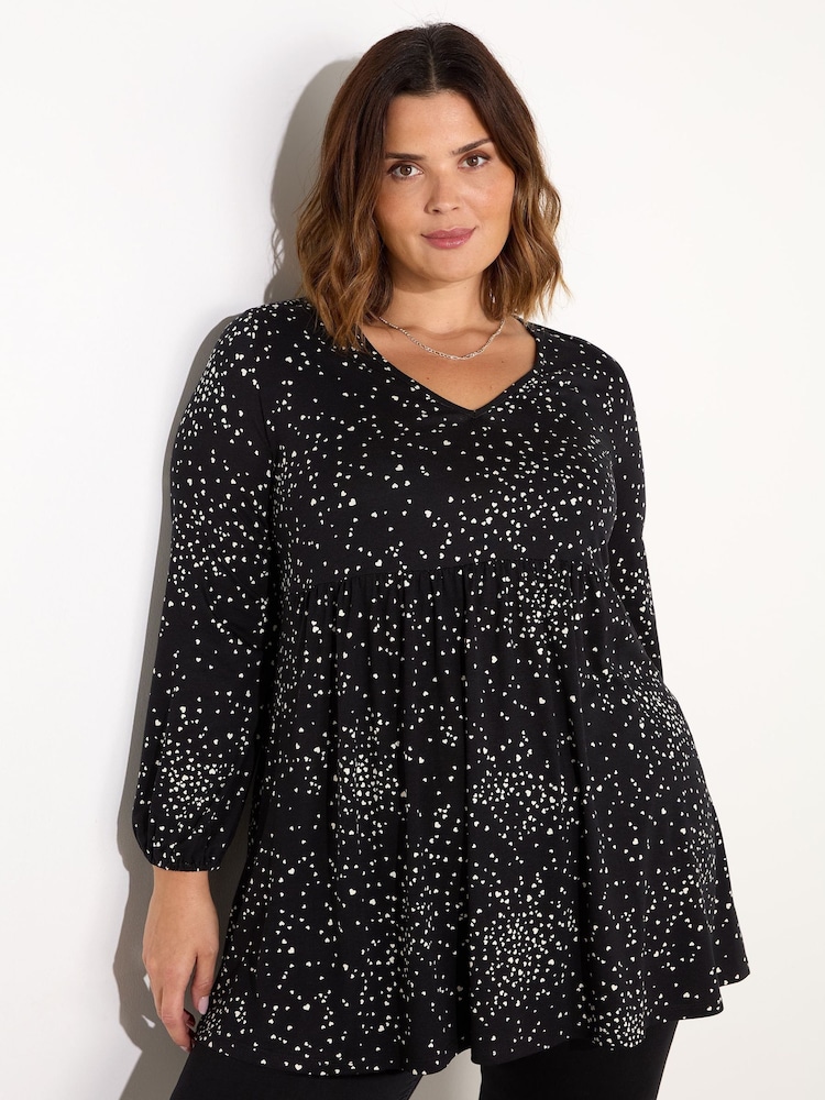 Live Unlimited Black Curve Heart Print Gathered V-Neck Tunic - Image 2 of 4