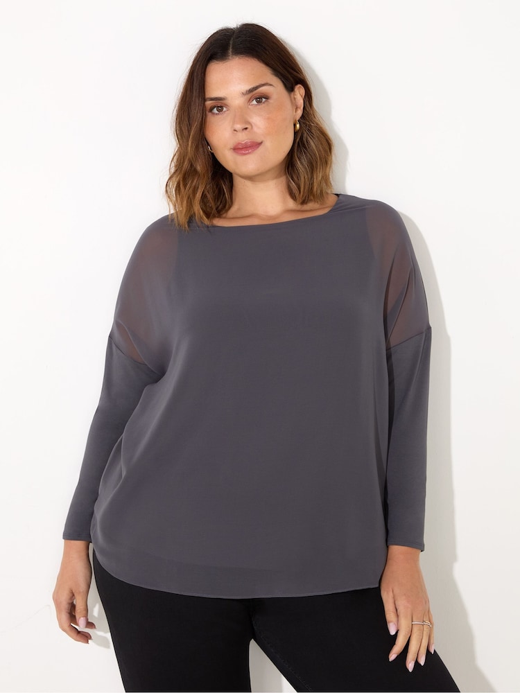 Live Unlimited Grey Curve Overlay Chiffon Top with Jersey Sleeves - Image 1 of 4